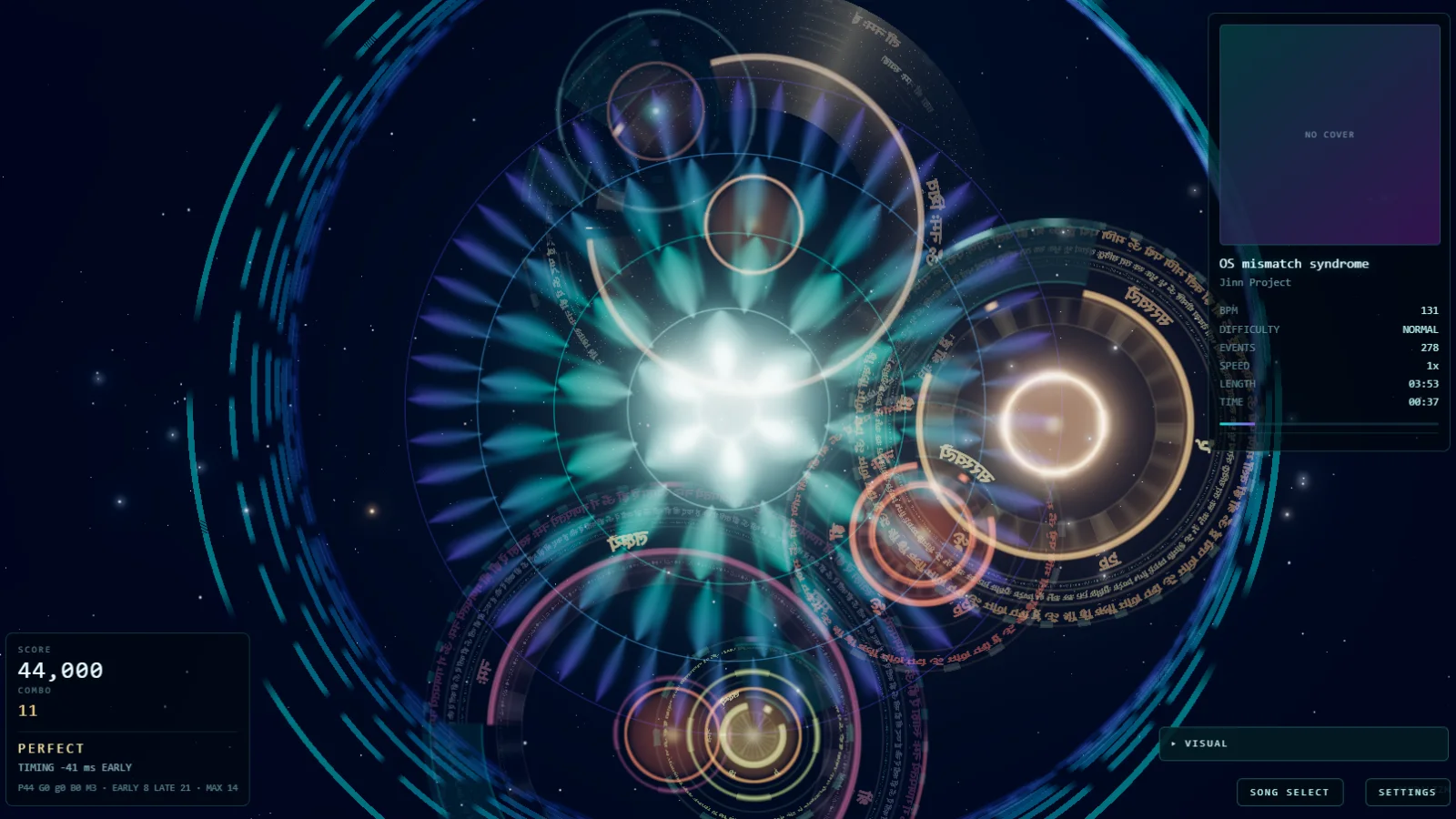 Mandalizm in play: wave seals converging on a lit mandala, with the score and the last judgement shown at the lower left.